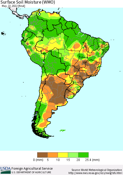 South America Surface Soil Moisture (WMO) Thematic Map For 5/16/2022 - 5/22/2022
