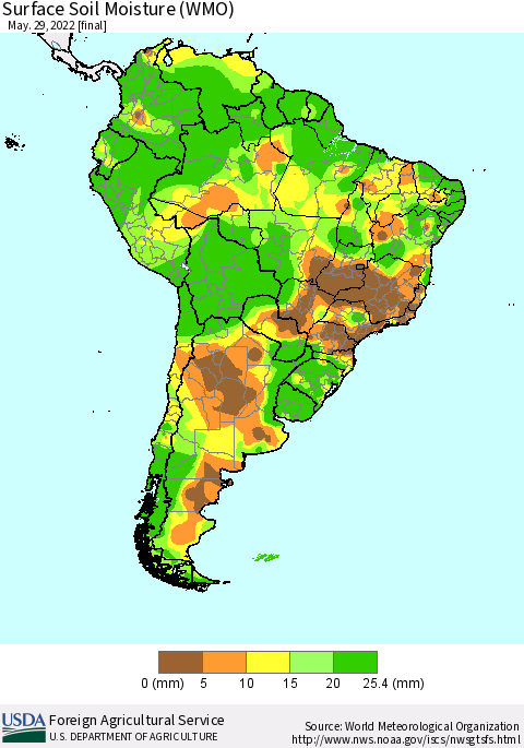 South America Surface Soil Moisture (WMO) Thematic Map For 5/23/2022 - 5/29/2022