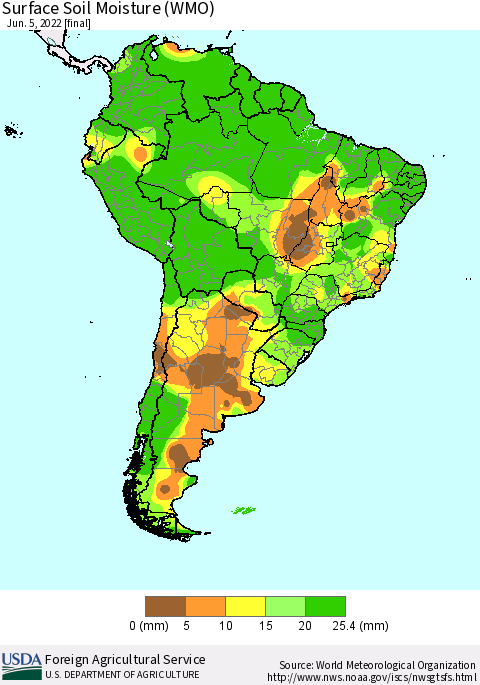 South America Surface Soil Moisture (WMO) Thematic Map For 5/30/2022 - 6/5/2022