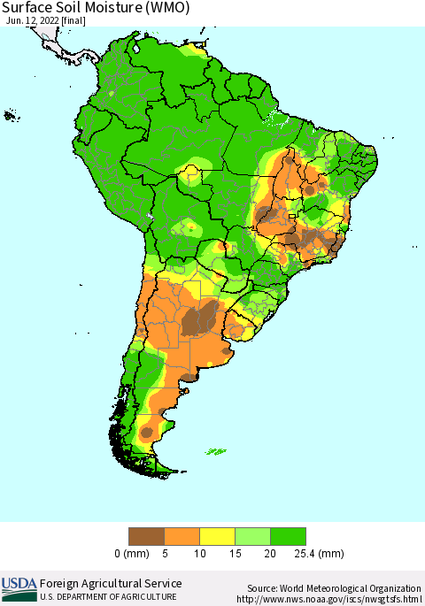 South America Surface Soil Moisture (WMO) Thematic Map For 6/6/2022 - 6/12/2022