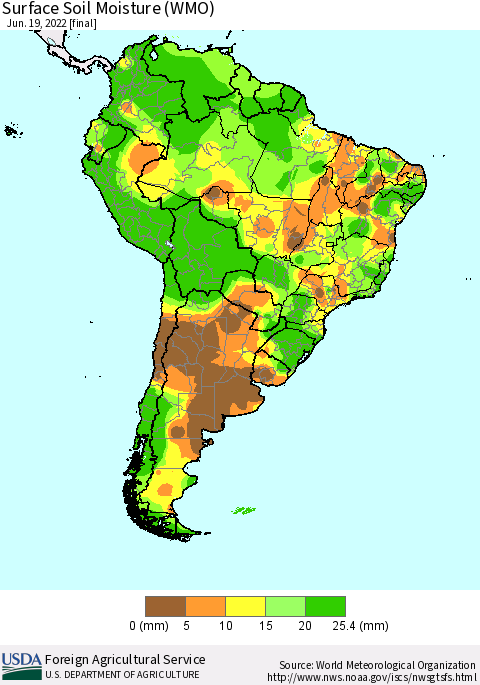 South America Surface Soil Moisture (WMO) Thematic Map For 6/13/2022 - 6/19/2022