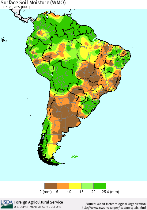 South America Surface Soil Moisture (WMO) Thematic Map For 6/20/2022 - 6/26/2022