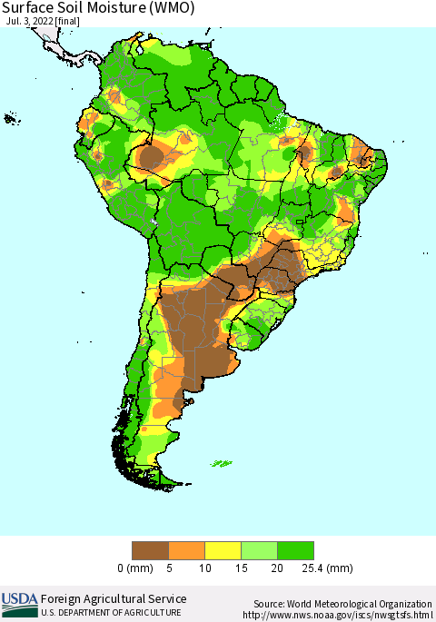 South America Surface Soil Moisture (WMO) Thematic Map For 6/27/2022 - 7/3/2022