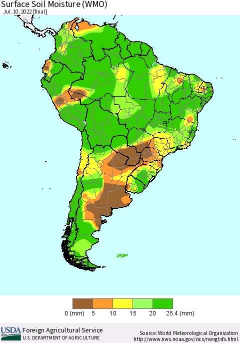 South America Surface Soil Moisture (WMO) Thematic Map For 7/4/2022 - 7/10/2022