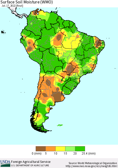 South America Surface Soil Moisture (WMO) Thematic Map For 7/11/2022 - 7/17/2022