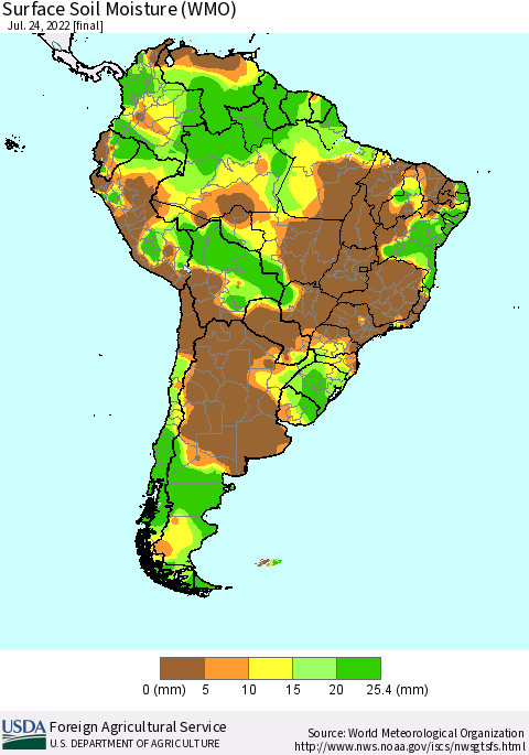 South America Surface Soil Moisture (WMO) Thematic Map For 7/18/2022 - 7/24/2022