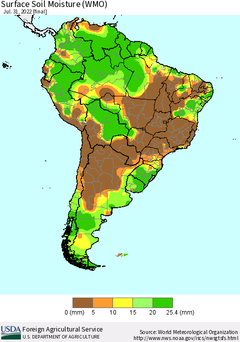 South America Surface Soil Moisture (WMO) Thematic Map For 7/25/2022 - 7/31/2022
