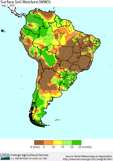 South America Surface Soil Moisture (WMO) Thematic Map For 8/1/2022 - 8/7/2022