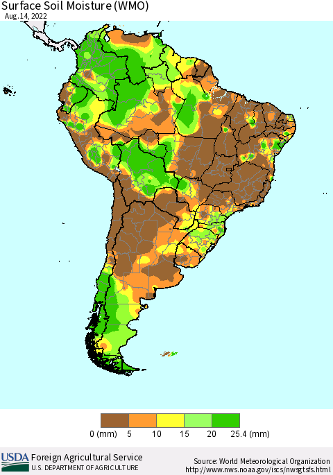 South America Surface Soil Moisture (WMO) Thematic Map For 8/8/2022 - 8/14/2022