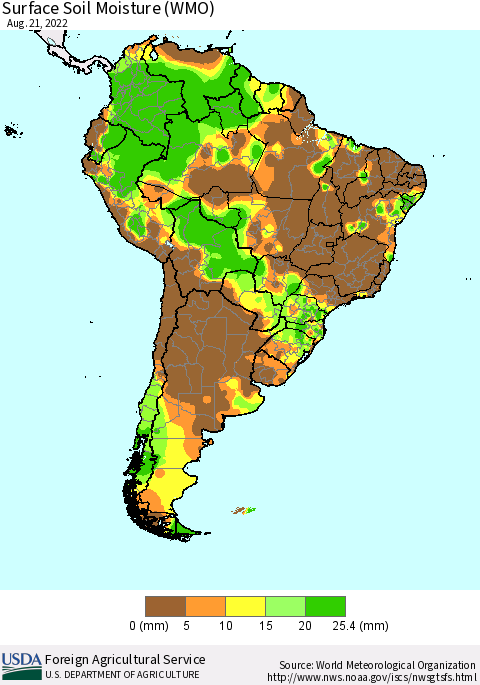 South America Surface Soil Moisture (WMO) Thematic Map For 8/15/2022 - 8/21/2022