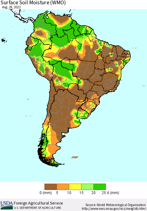 South America Surface Soil Moisture (WMO) Thematic Map For 8/22/2022 - 8/28/2022