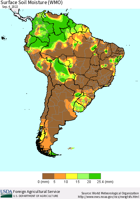 South America Surface Soil Moisture (WMO) Thematic Map For 8/29/2022 - 9/4/2022