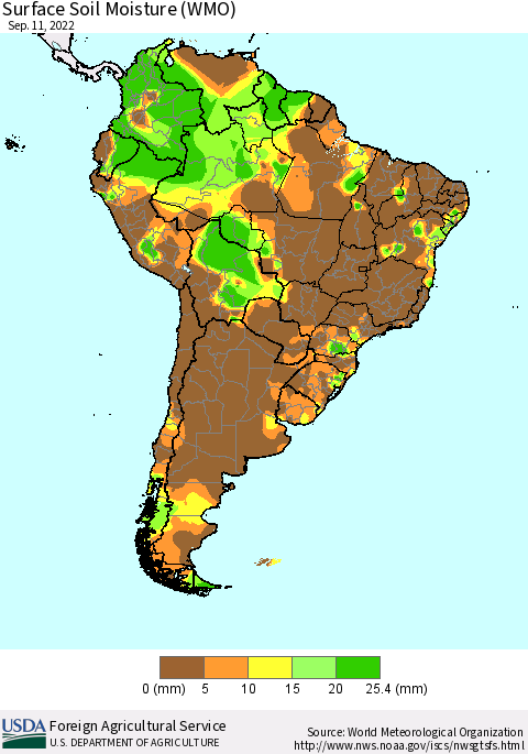 South America Surface Soil Moisture (WMO) Thematic Map For 9/5/2022 - 9/11/2022