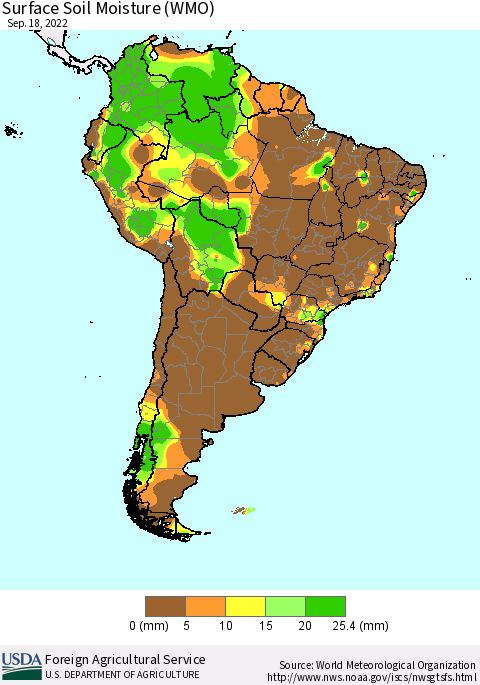 South America Surface Soil Moisture (WMO) Thematic Map For 9/12/2022 - 9/18/2022