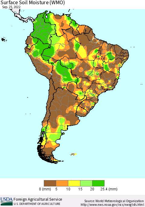 South America Surface Soil Moisture (WMO) Thematic Map For 9/19/2022 - 9/25/2022