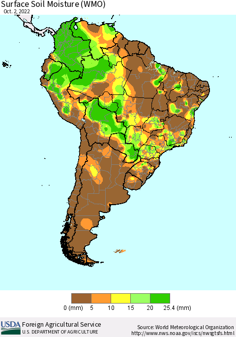 South America Surface Soil Moisture (WMO) Thematic Map For 9/26/2022 - 10/2/2022