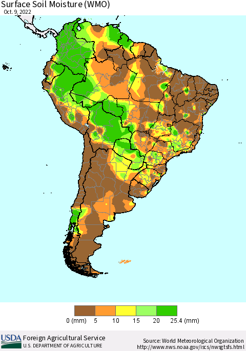 South America Surface Soil Moisture (WMO) Thematic Map For 10/3/2022 - 10/9/2022