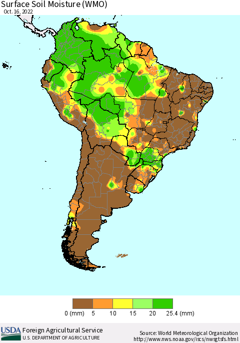 South America Surface Soil Moisture (WMO) Thematic Map For 10/10/2022 - 10/16/2022