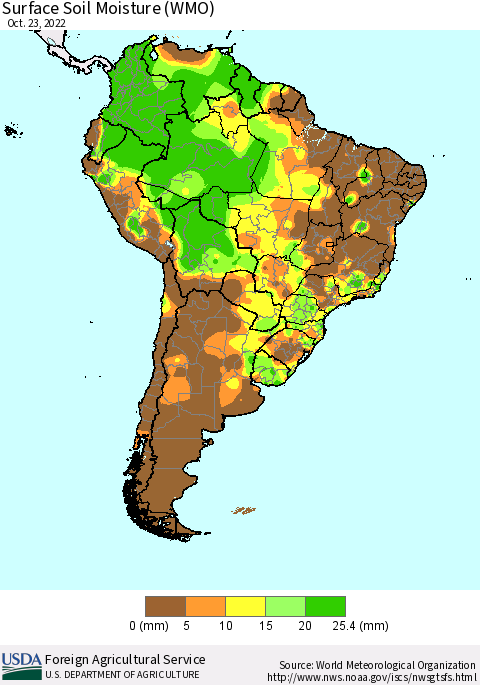 South America Surface Soil Moisture (WMO) Thematic Map For 10/17/2022 - 10/23/2022