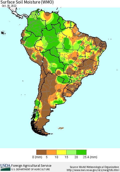 South America Surface Soil Moisture (WMO) Thematic Map For 10/24/2022 - 10/30/2022