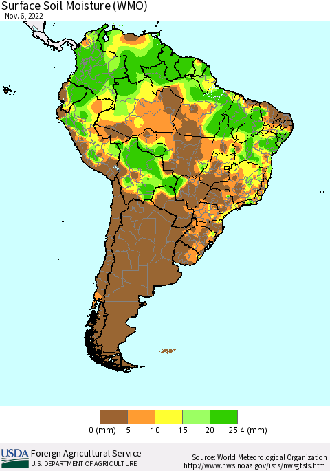 South America Surface Soil Moisture (WMO) Thematic Map For 10/31/2022 - 11/6/2022