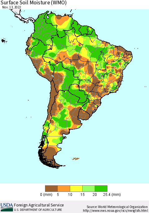 South America Surface Soil Moisture (WMO) Thematic Map For 11/7/2022 - 11/13/2022