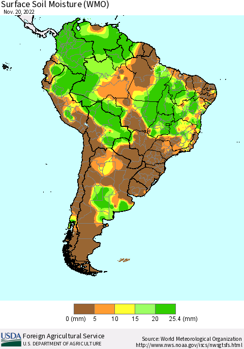 South America Surface Soil Moisture (WMO) Thematic Map For 11/14/2022 - 11/20/2022