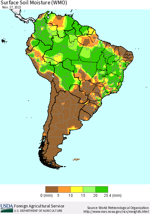 South America Surface Soil Moisture (WMO) Thematic Map For 11/21/2022 - 11/27/2022
