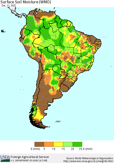 South America Surface Soil Moisture (WMO) Thematic Map For 12/5/2022 - 12/11/2022