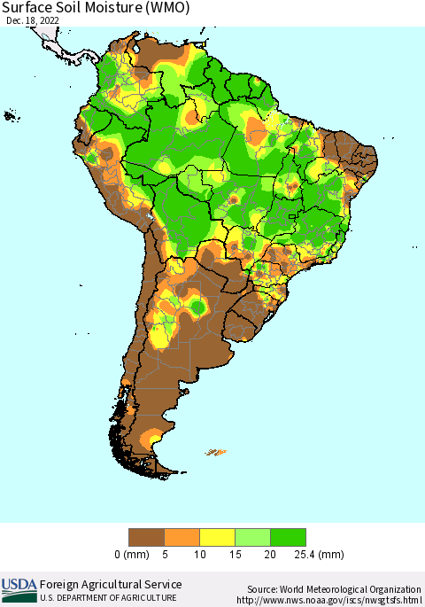 South America Surface Soil Moisture (WMO) Thematic Map For 12/12/2022 - 12/18/2022