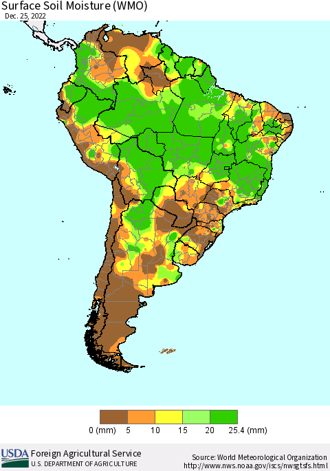South America Surface Soil Moisture (WMO) Thematic Map For 12/19/2022 - 12/25/2022