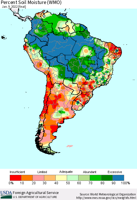South America Percent Soil Moisture (WMO) Thematic Map For 1/3/2022 - 1/9/2022