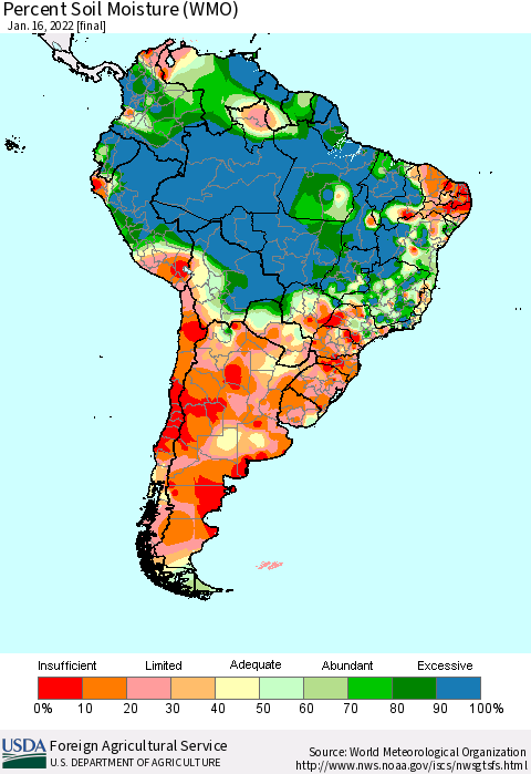 South America Percent Soil Moisture (WMO) Thematic Map For 1/10/2022 - 1/16/2022