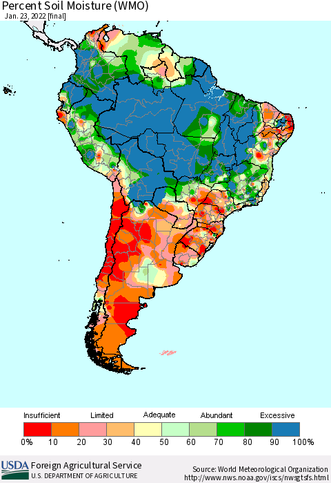 South America Percent Soil Moisture (WMO) Thematic Map For 1/17/2022 - 1/23/2022