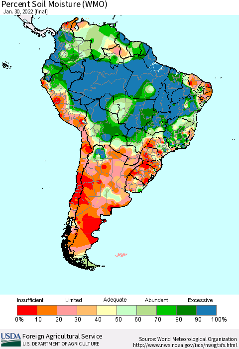 South America Percent Soil Moisture (WMO) Thematic Map For 1/24/2022 - 1/30/2022