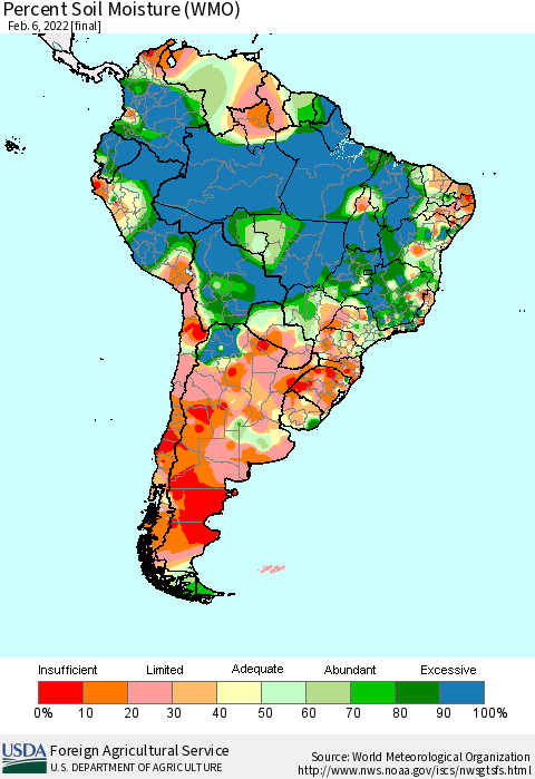 South America Percent Soil Moisture (WMO) Thematic Map For 1/31/2022 - 2/6/2022