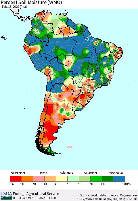 South America Percent Soil Moisture (WMO) Thematic Map For 2/7/2022 - 2/13/2022