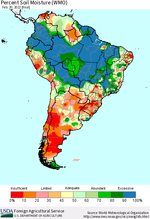 South America Percent Soil Moisture (WMO) Thematic Map For 2/14/2022 - 2/20/2022