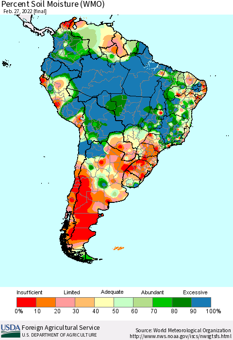 South America Percent Soil Moisture (WMO) Thematic Map For 2/21/2022 - 2/27/2022
