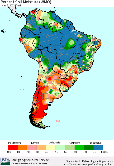 South America Percent Soil Moisture (WMO) Thematic Map For 2/28/2022 - 3/6/2022