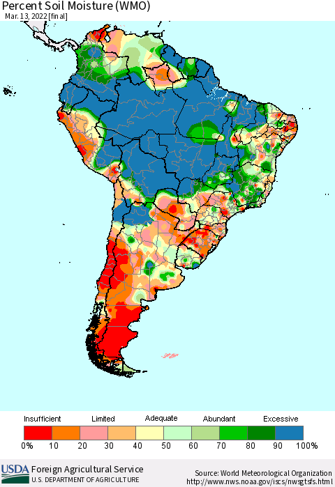 South America Percent Soil Moisture (WMO) Thematic Map For 3/7/2022 - 3/13/2022