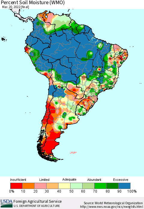 South America Percent Soil Moisture (WMO) Thematic Map For 3/14/2022 - 3/20/2022