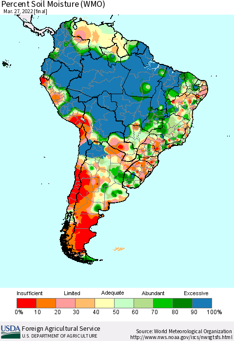 South America Percent Soil Moisture (WMO) Thematic Map For 3/21/2022 - 3/27/2022