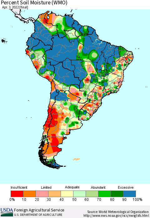 South America Percent Soil Moisture (WMO) Thematic Map For 3/28/2022 - 4/3/2022