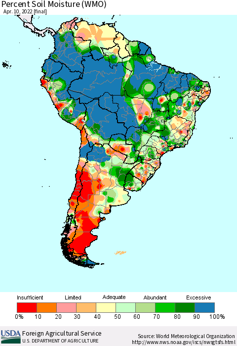 South America Percent Soil Moisture (WMO) Thematic Map For 4/4/2022 - 4/10/2022