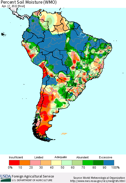 South America Percent Soil Moisture (WMO) Thematic Map For 4/11/2022 - 4/17/2022