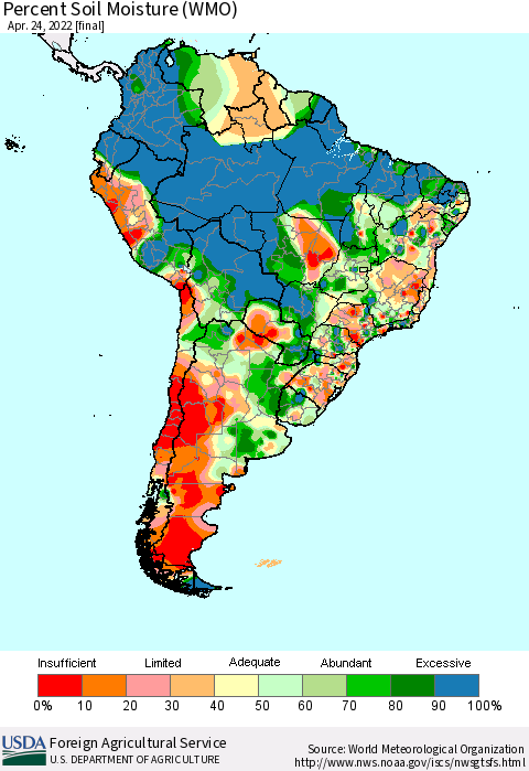 South America Percent Soil Moisture (WMO) Thematic Map For 4/18/2022 - 4/24/2022