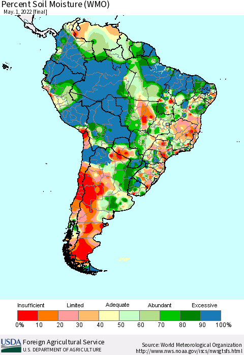 South America Percent Soil Moisture (WMO) Thematic Map For 4/25/2022 - 5/1/2022