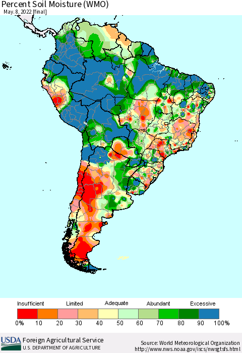 South America Percent Soil Moisture (WMO) Thematic Map For 5/2/2022 - 5/8/2022