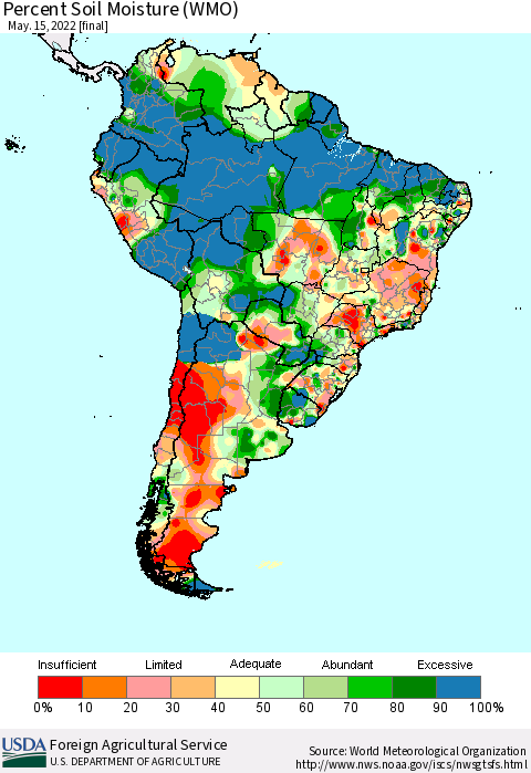 South America Percent Soil Moisture (WMO) Thematic Map For 5/9/2022 - 5/15/2022